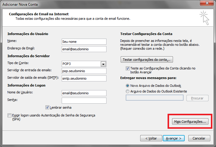 Configurar E-mails POP3 no Outlook - Base de Conhecimento